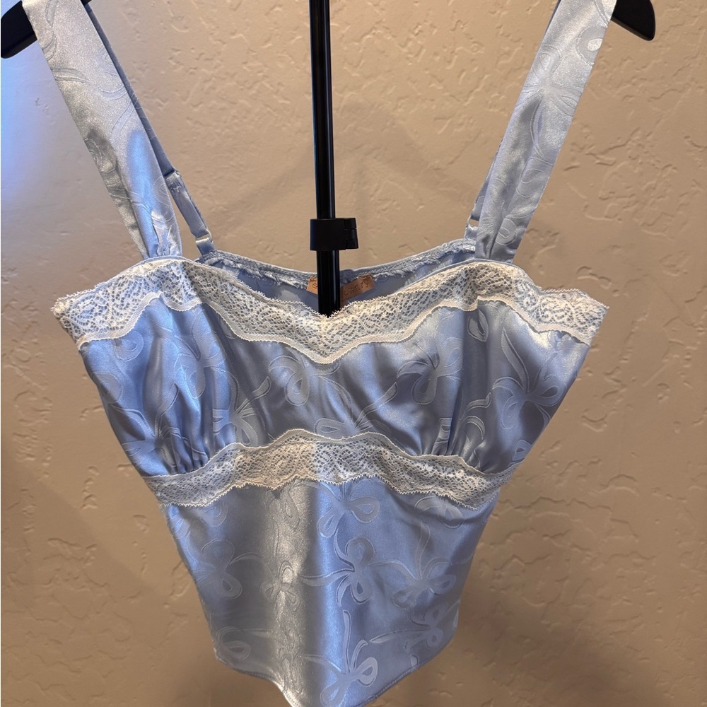Elegant Lace Trim Satin Top - Light Blue